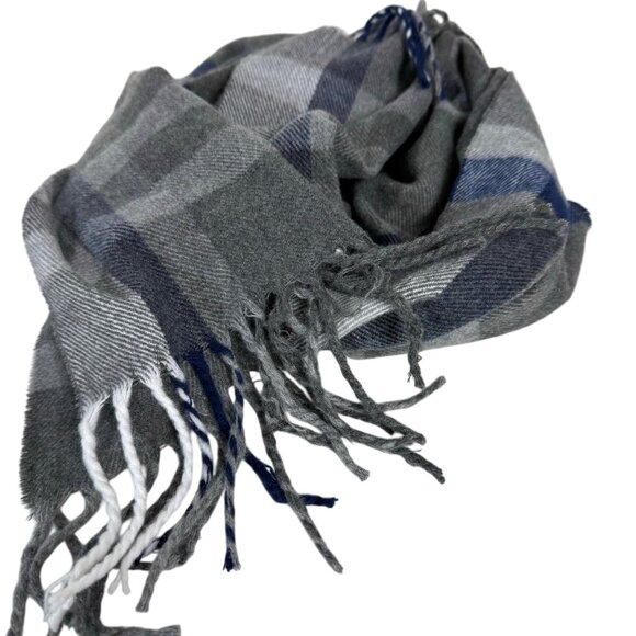 Winter Plaid Cashmere Feel Scarf Tassels Grey Blue Italian Design Warm Gift - Picture 8 of 13